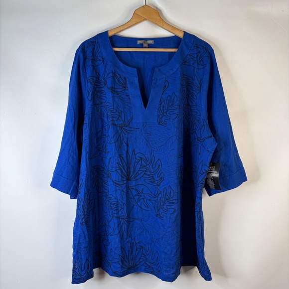 Jessica London Tops - Jessica London Tunic Top Women 26W Royal Blue Embroidered Leaf Linen Blend